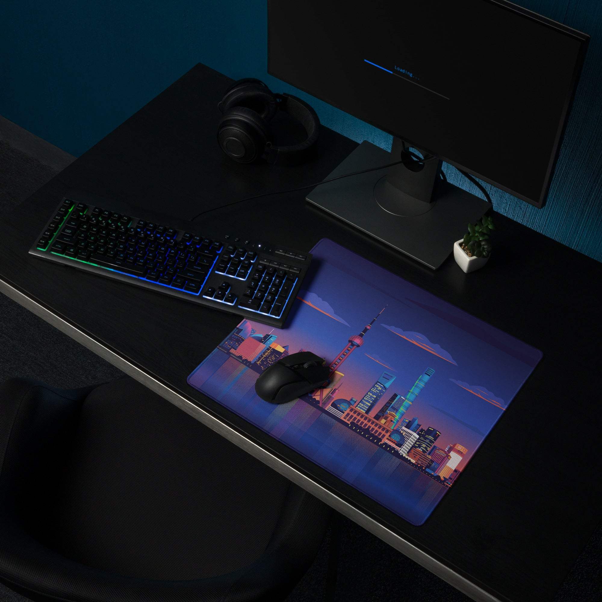 Vibrant city skyline dusk mousepad with Pearl Tower, non-slip base, stitched edges