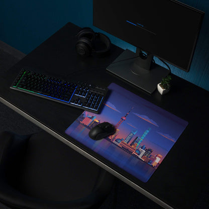 Vibrant city skyline dusk mousepad with Pearl Tower, non-slip base, stitched edges