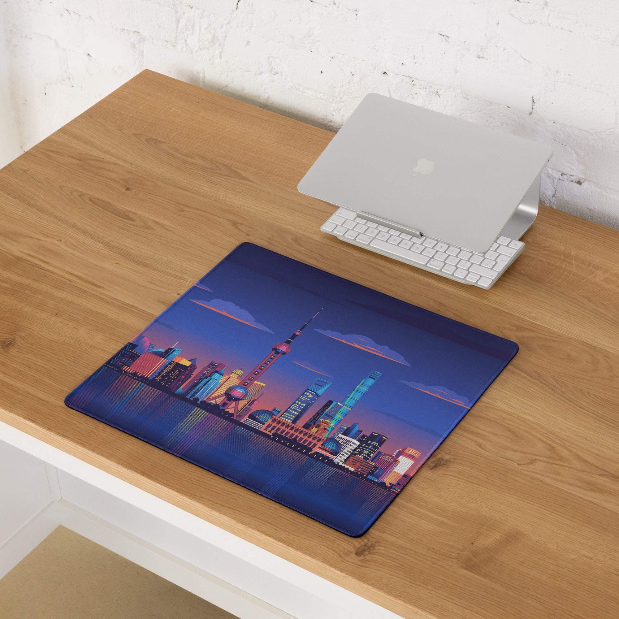 Vibrant Shanghai skyline dusk gaming mouse pad with non-slip base