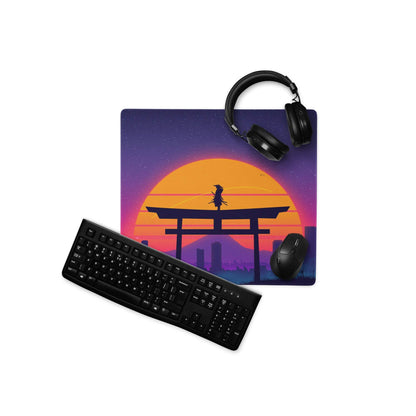 Vibrant purple orange sunset neon torii gate samurai silhouette gaming mousepad