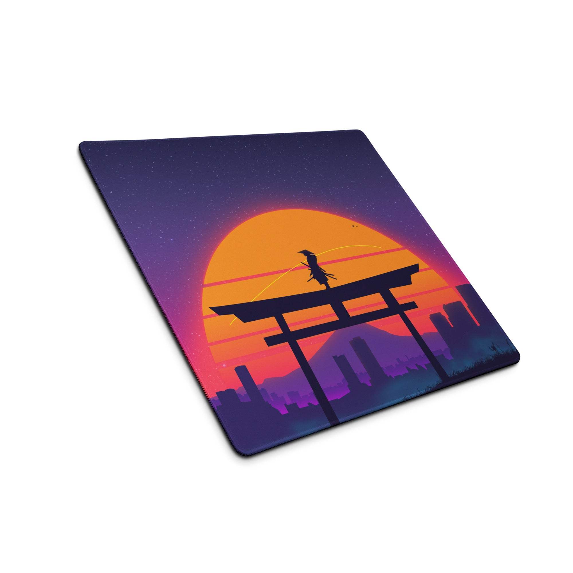 Nostalgic retro samurai silhouette on torii gate sunset mouse pad
