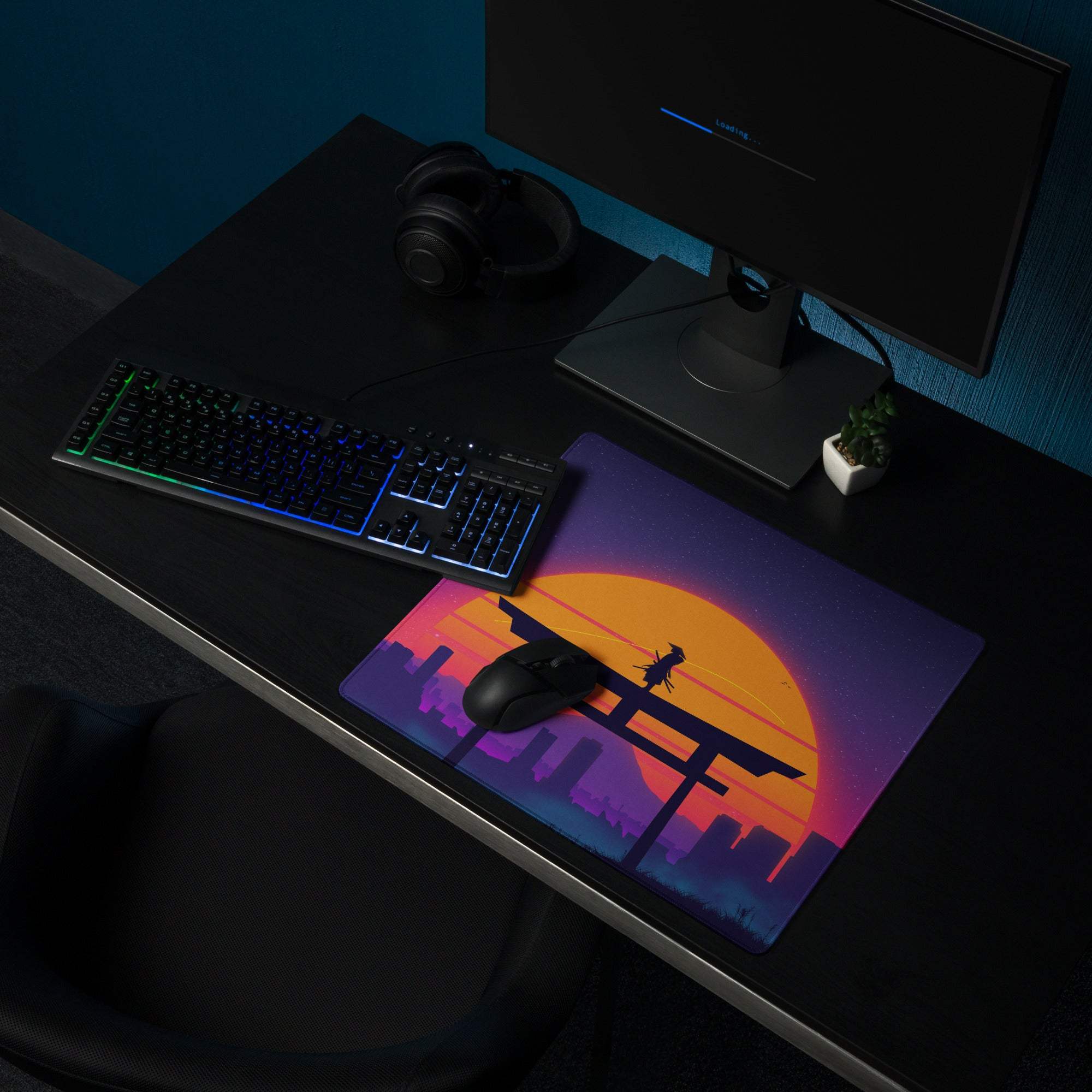 Sunset neon torii gate large gaming mouse pad with non-slip backing