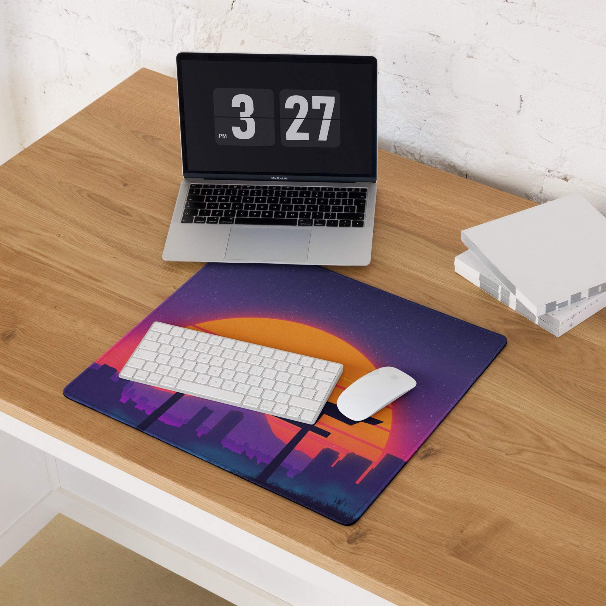 Vibrant retro sunset neon torii gate large gaming mouse pad with skyline silhouette