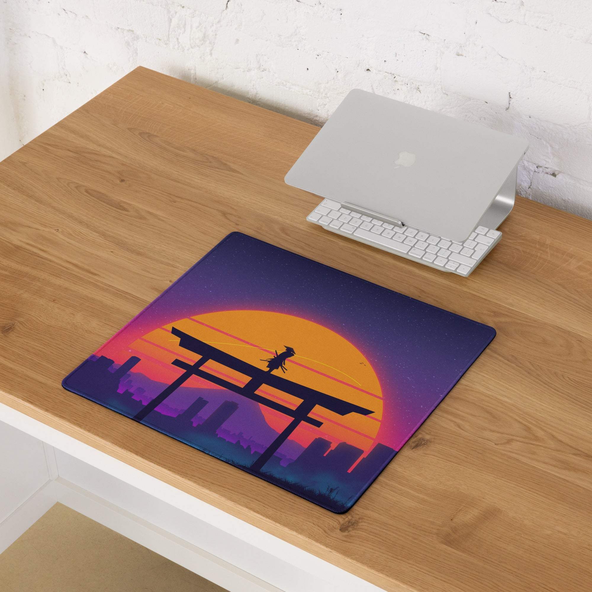 Large sunset neon torii gate gaming mouse pad with retro design and non-slip backing