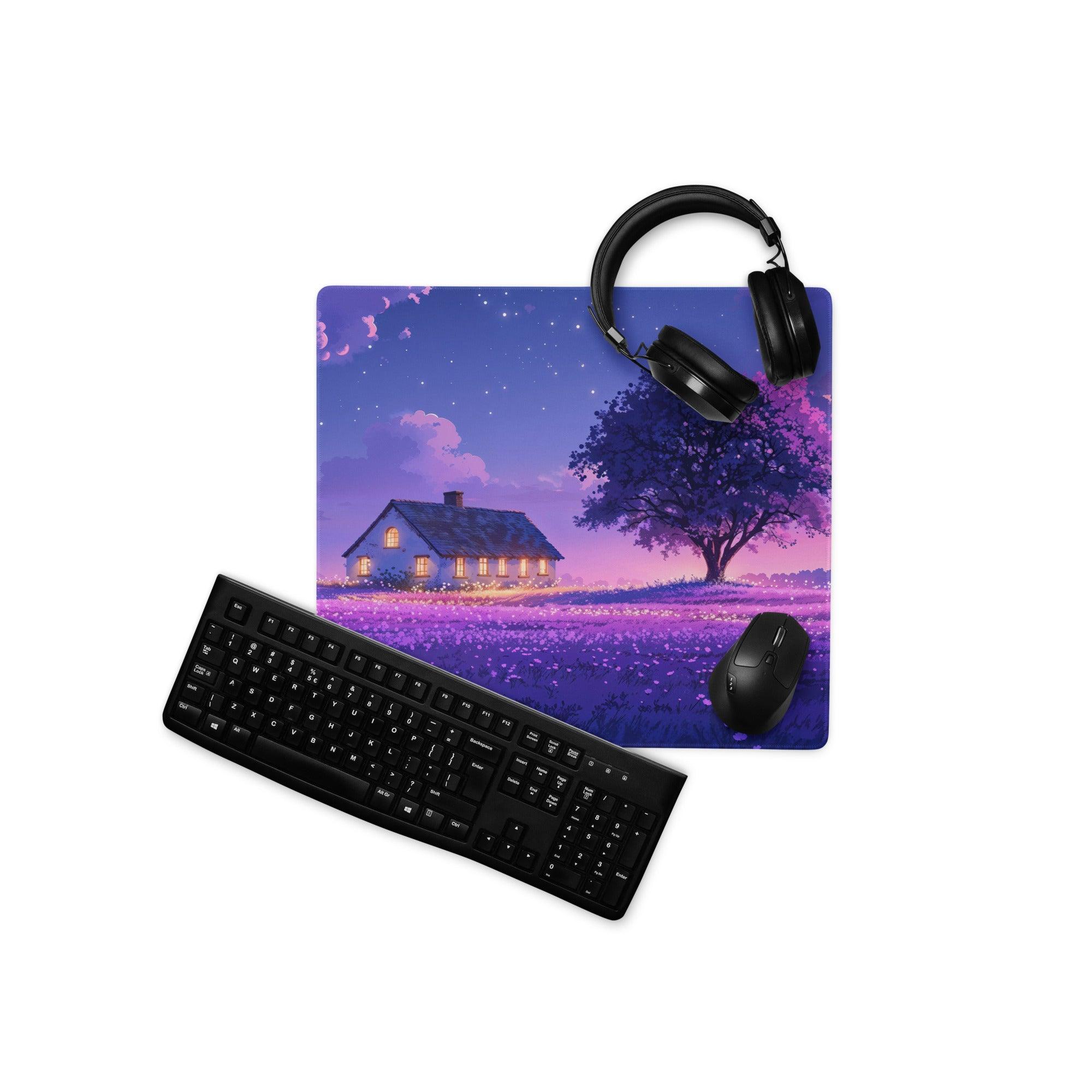 Dreamy purple lavender field night scene gaming mouse pad with cozy house