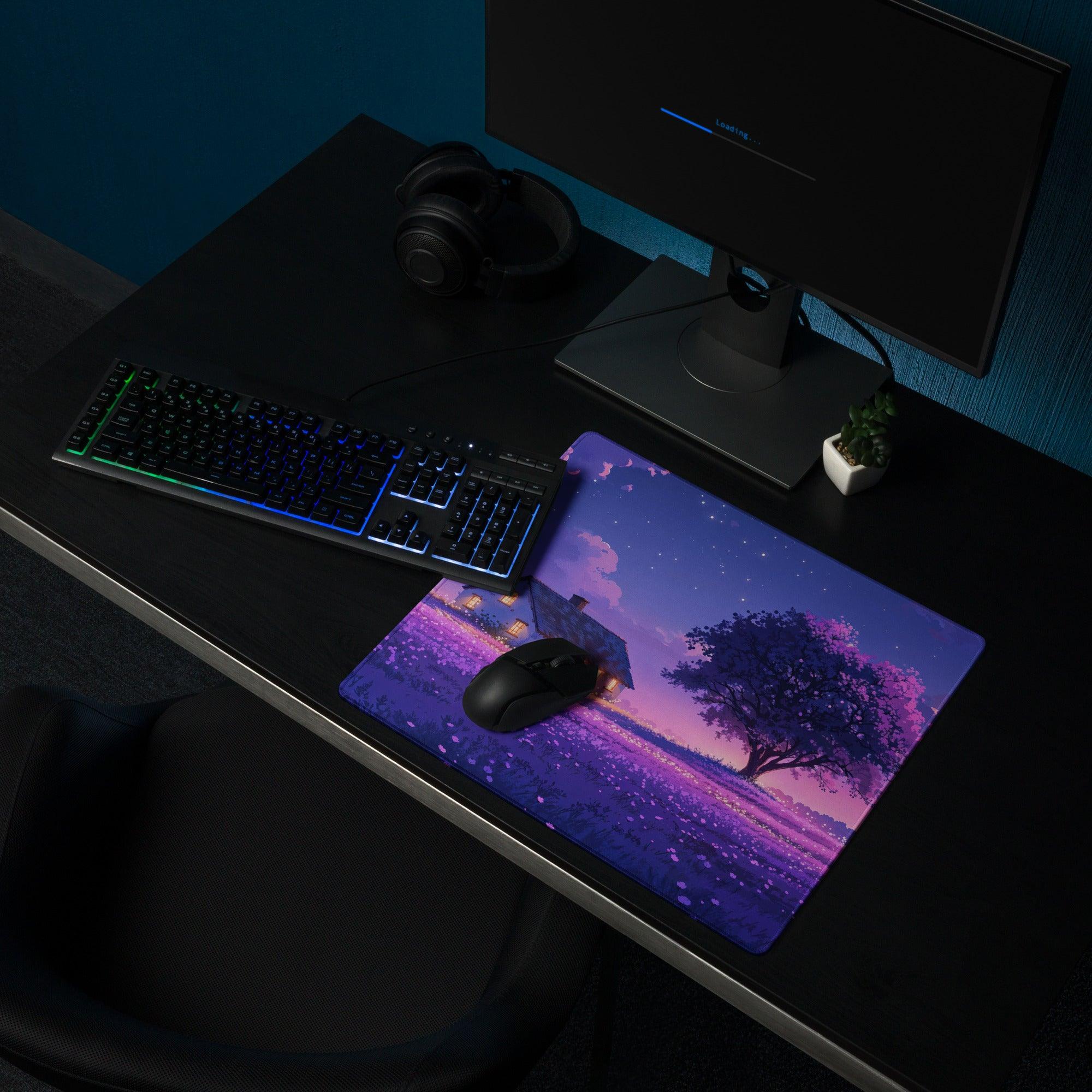 Dreamy purple lavender field night scene gaming mouse pad large size