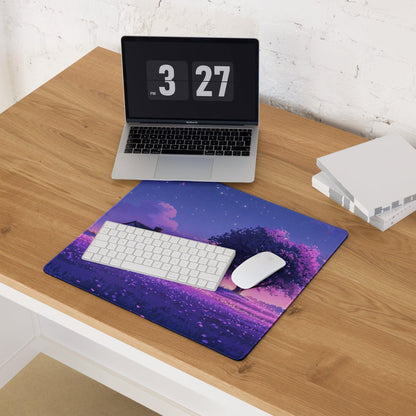 Dreamy purple lavender field night scene gaming mouse pad with house silhouette