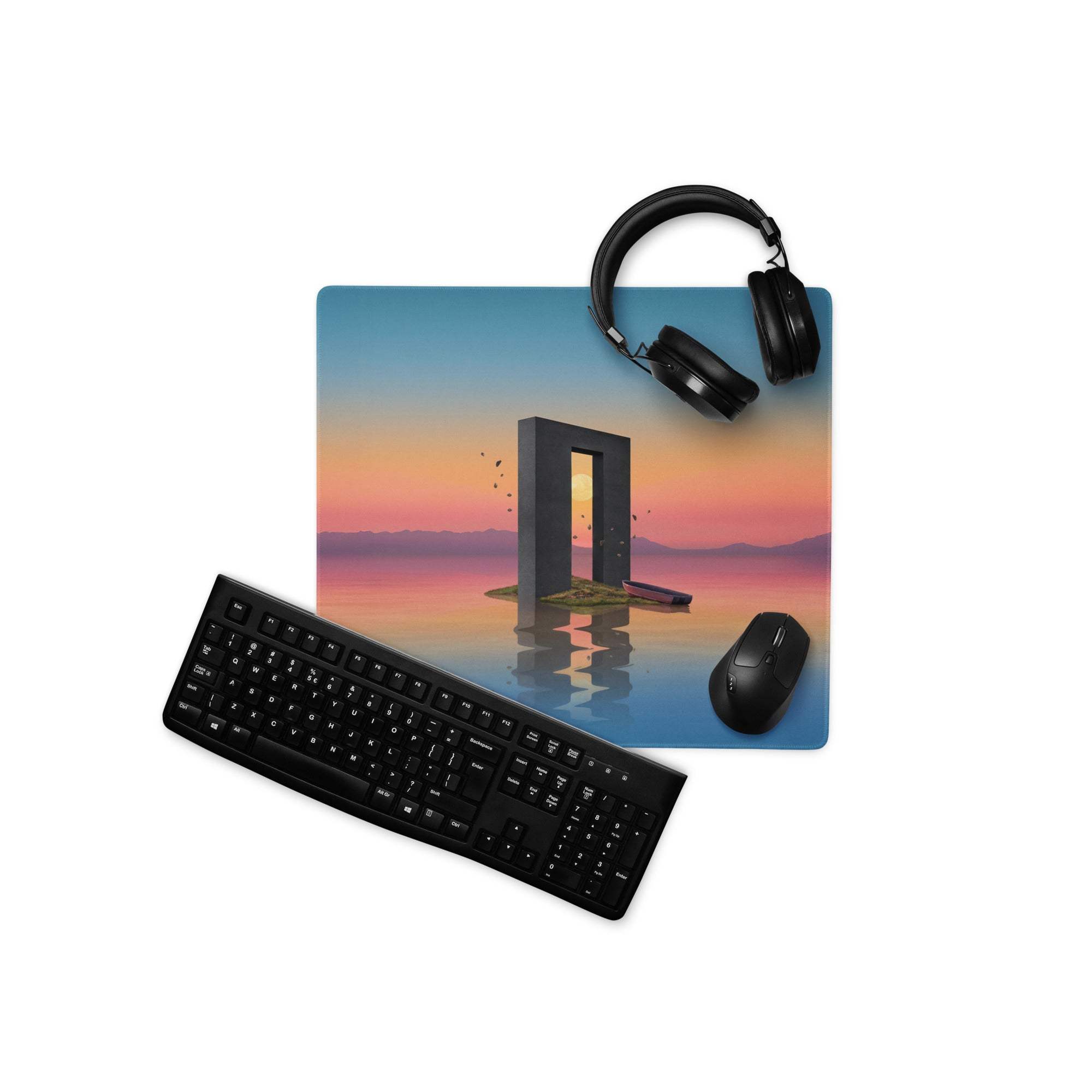 Dreamlike sunset archway over orange blue waters gaming mouse pad