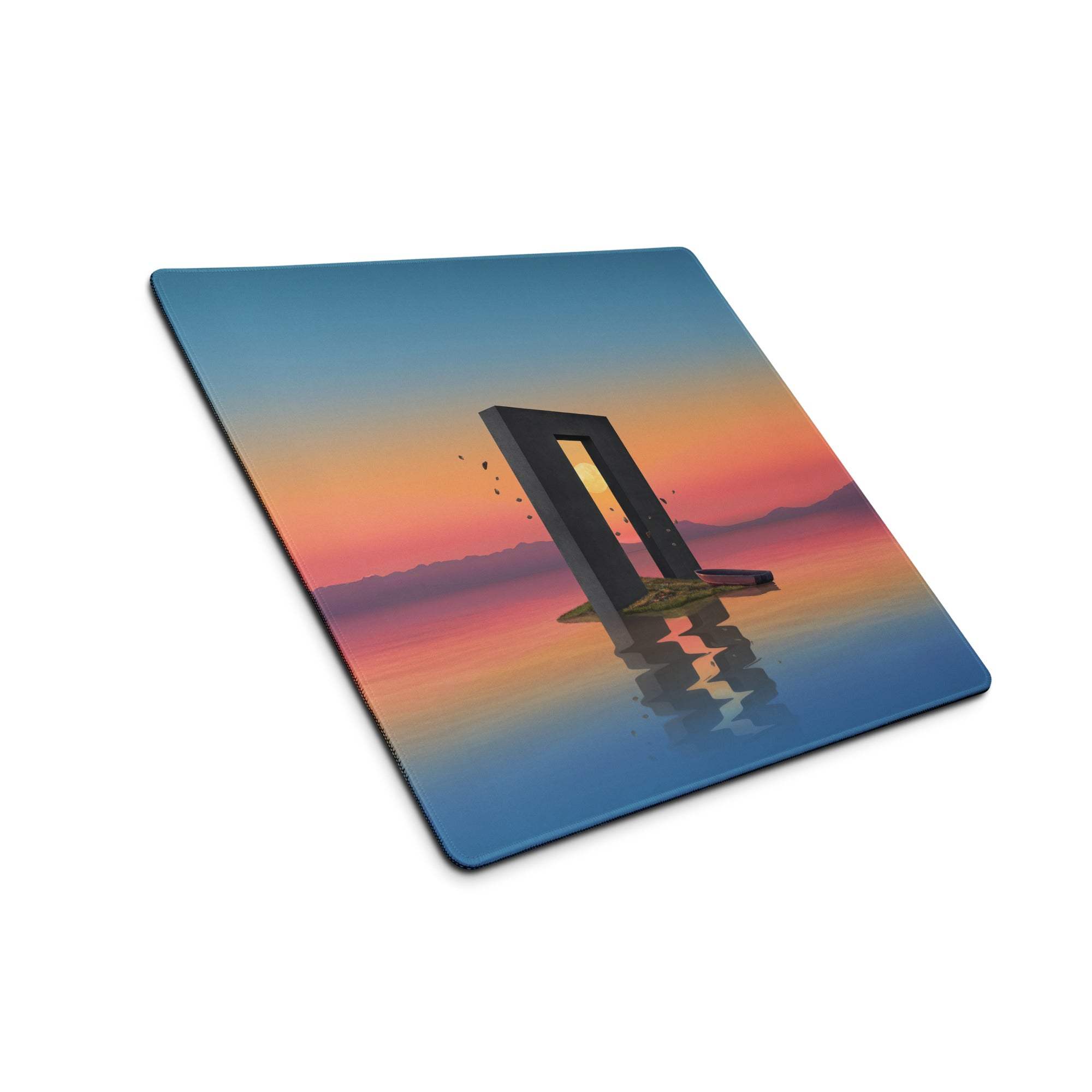 Dreamlike sunset archway over orange blue waters square gaming mouse pad
