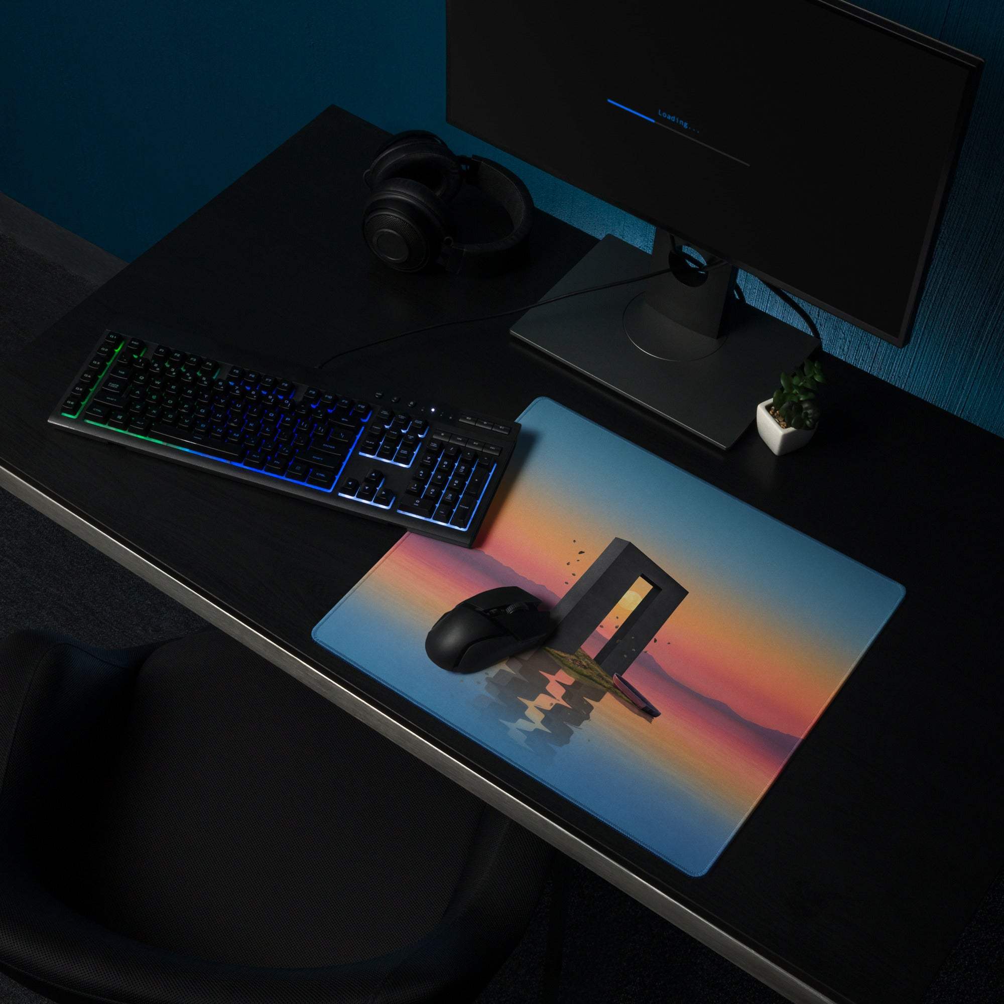 Dreamlike sunset archway gaming mouse pad with reflection over orange blue waters