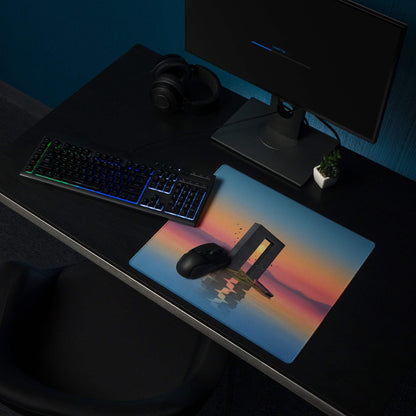 Dreamlike sunset archway gaming mouse pad with reflection over orange blue waters