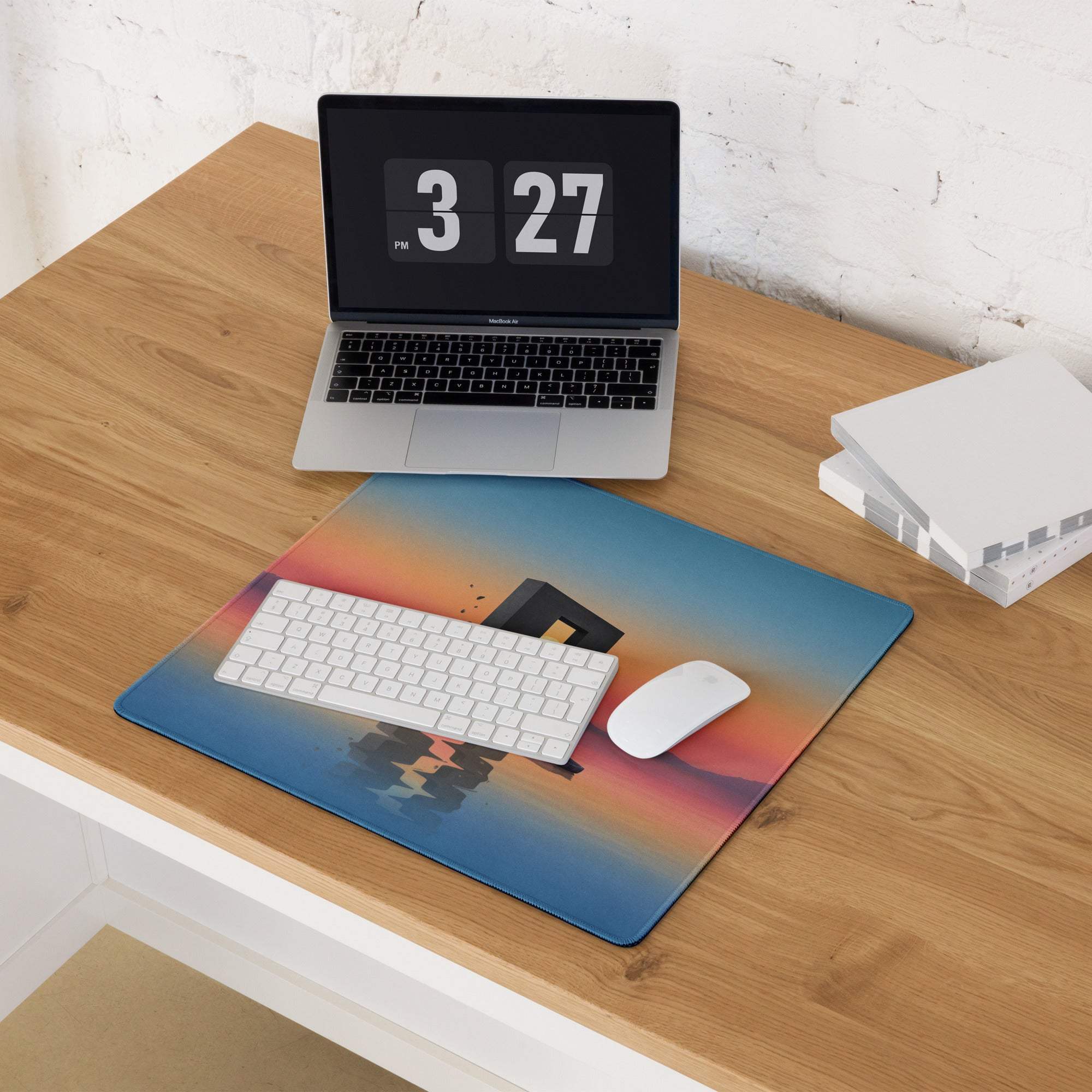 Blue orange gradient gaming mousepad with sunset building silhouette