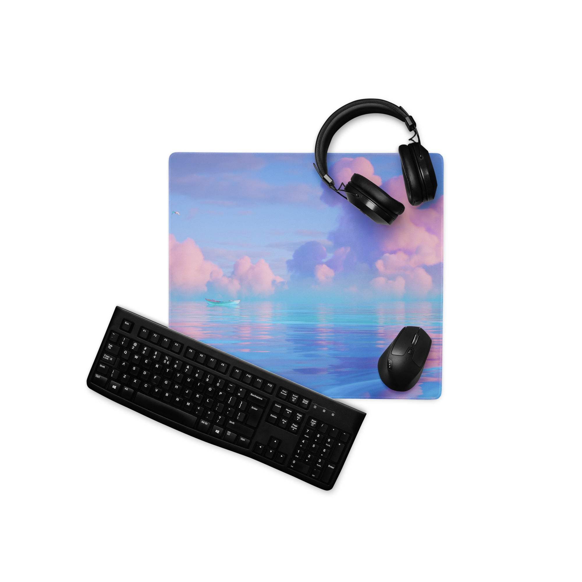 Dreamy pastel blue pink ocean sky gaming mousepad with headphones