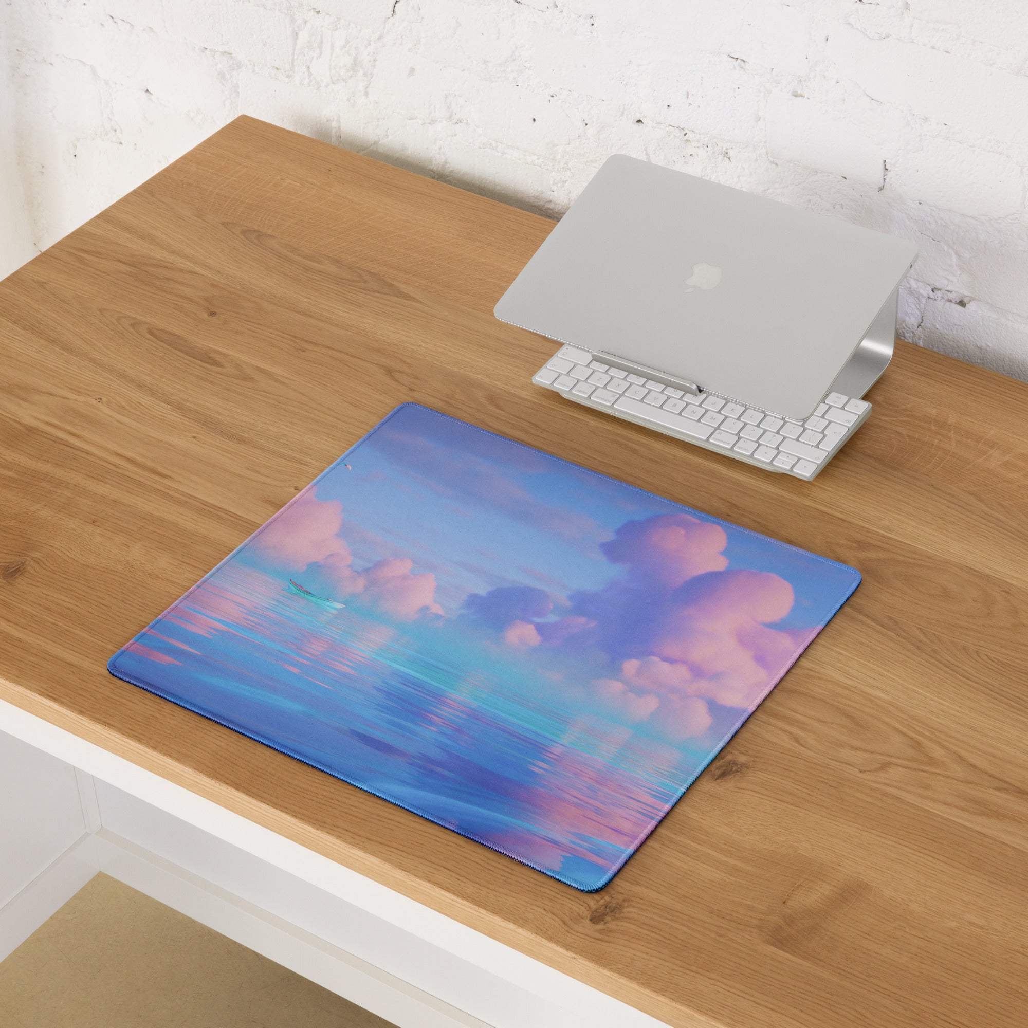 Dreamy pastel sky gaming mouse pad with clouds, water reflection, non-slip base