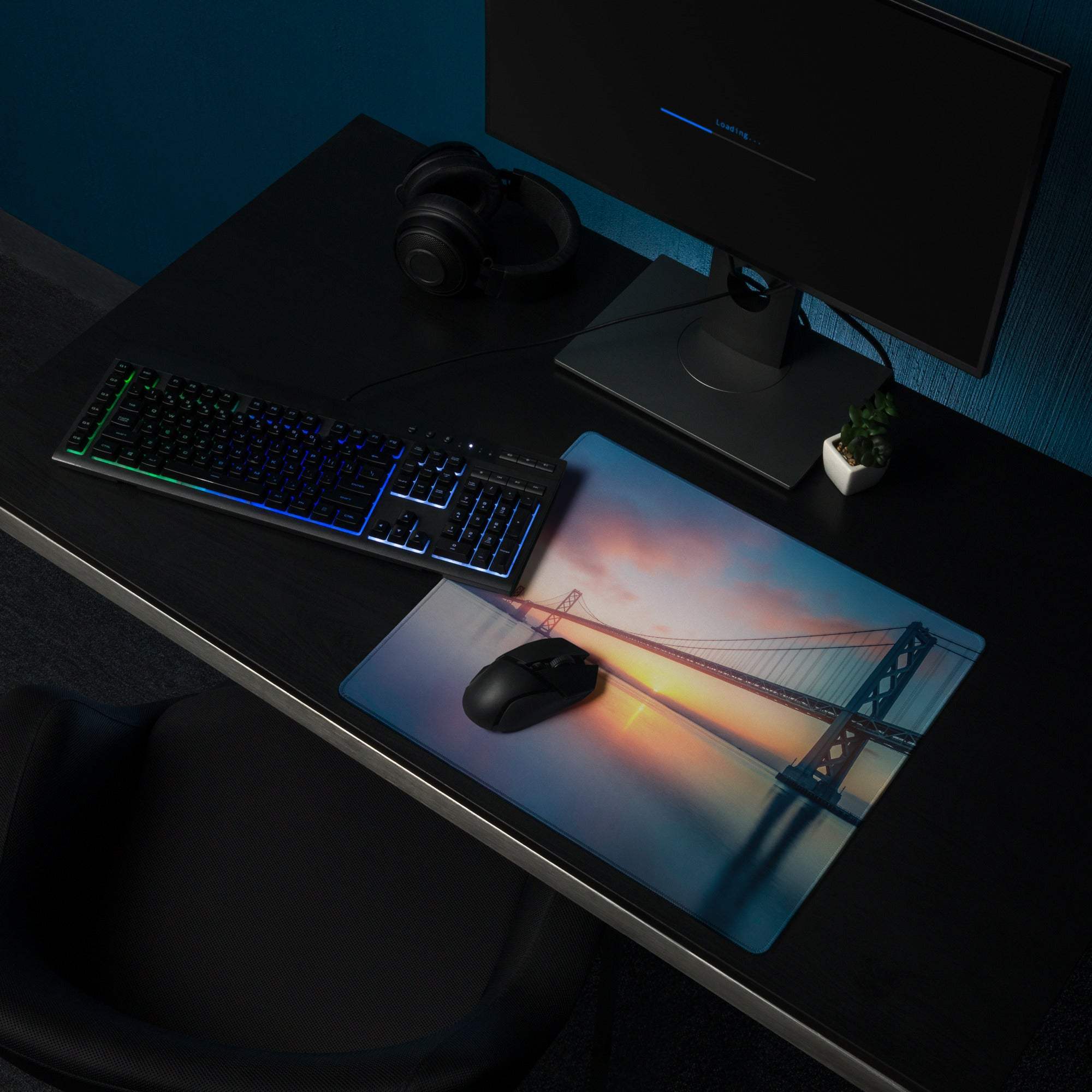 Epic Sunset Golden Gate Bridge gaming mouse pad, large non-slip stitched base