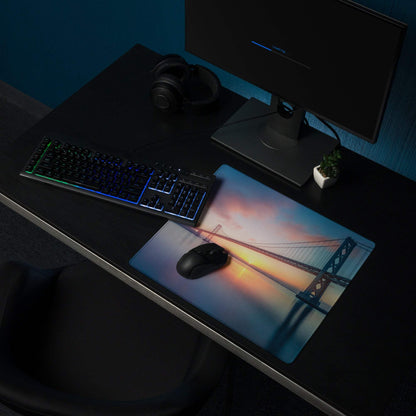 Epic Sunset Golden Gate Bridge gaming mouse pad, large non-slip stitched base