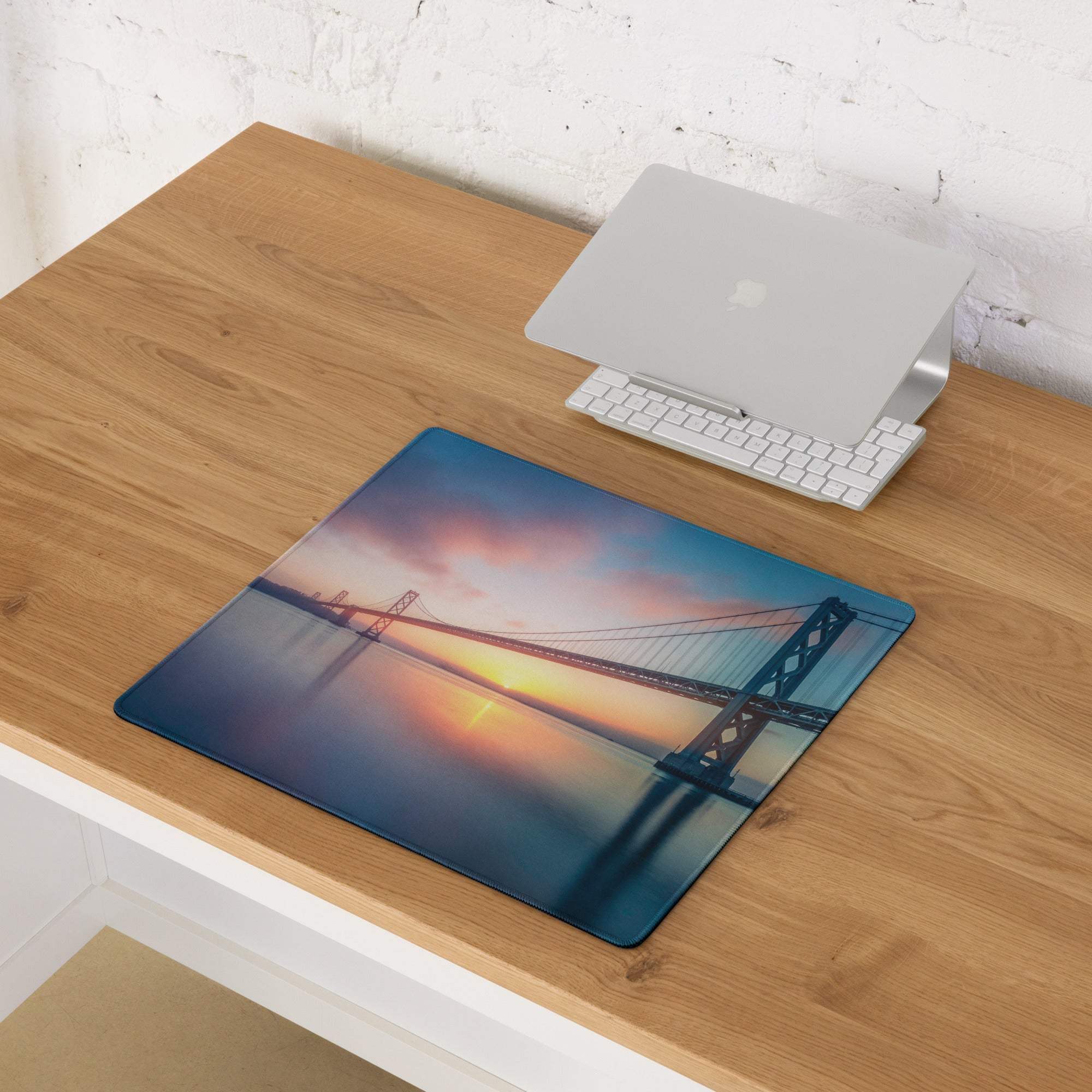 Epic Sunset Bridge gaming mouse pad with large size, non-slip base, edge stitching