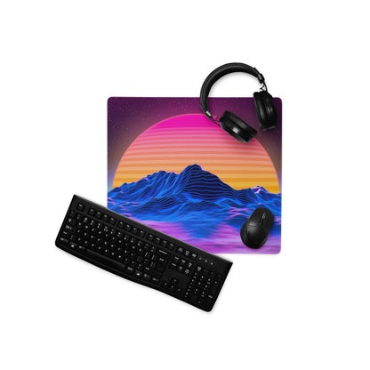 Vibrant neon sunset mountain gaming mouse pad with headphones
