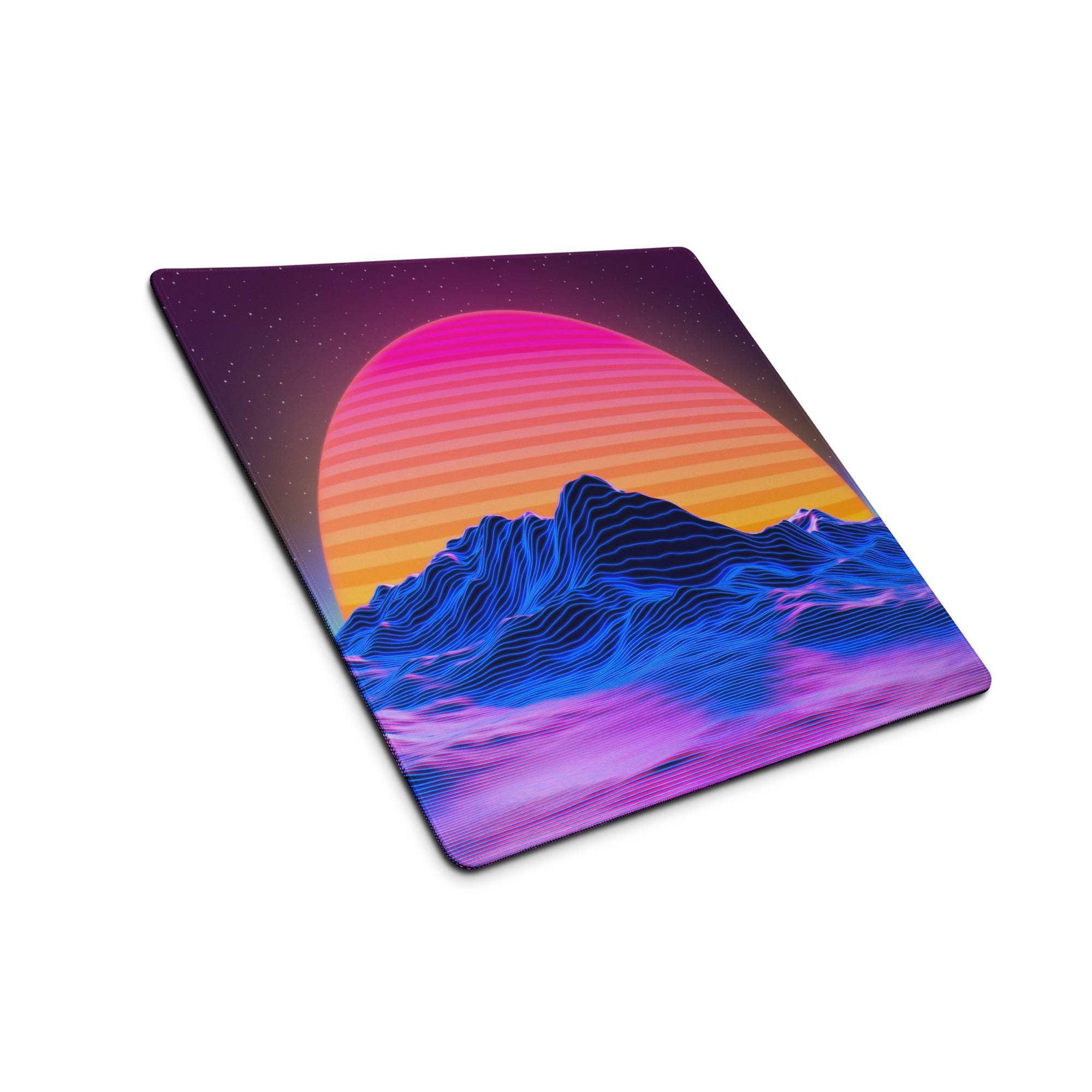 Vibrant neon sunset mountain gaming mouse pad with non-slip base
