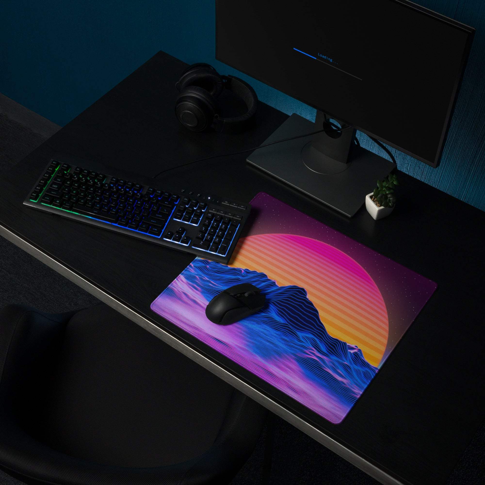 Neon Sunset Mountain gaming mouse pad with non-slip base and stitched edges