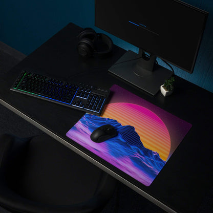 Neon Sunset Mountain gaming mouse pad with non-slip base and stitched edges