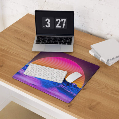 Vibrant neon sunset mountain gaming mouse pad with pink orange purple gradient starry sky