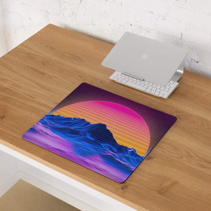 Vibrant retro neon sunset mountain gaming mouse pad with non-slip base