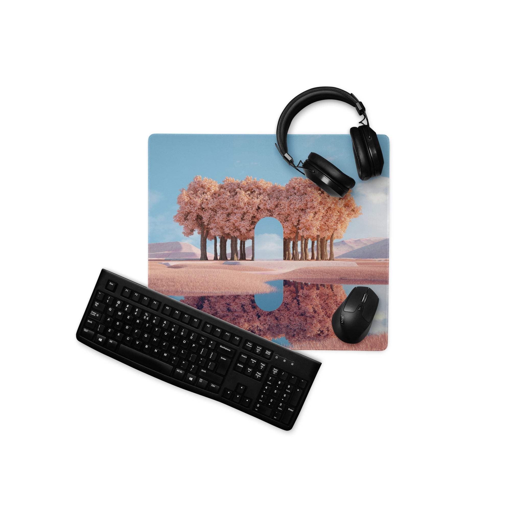 Dreamy pink tree landscape gaming mouse pad with surreal arched doorway reflection