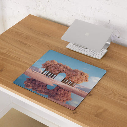 Dreamy pink tree landscape gaming mouse pad with reflection, non-slip base