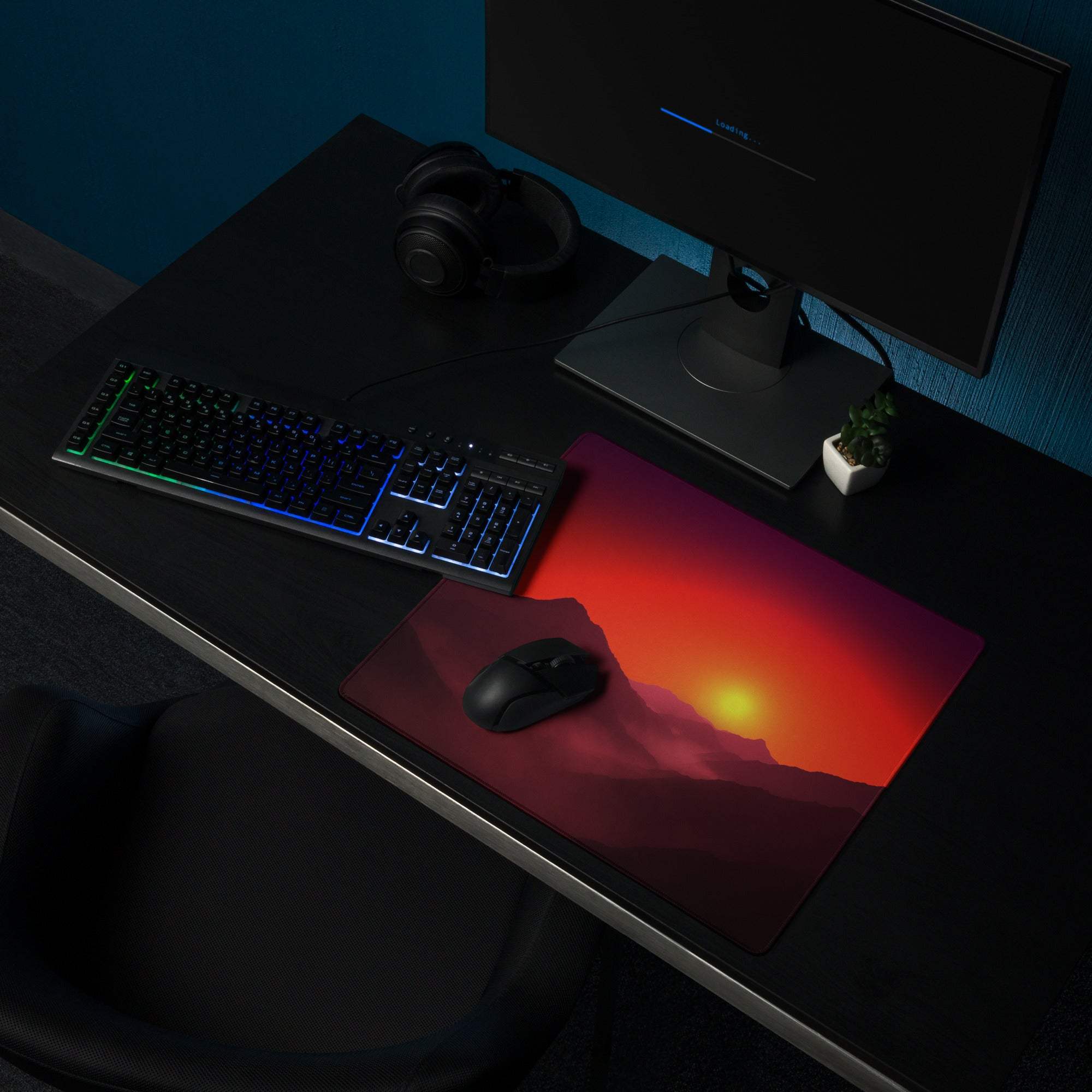 Vibrant sunset mountain vista gaming mouse pad with large non-slip surface