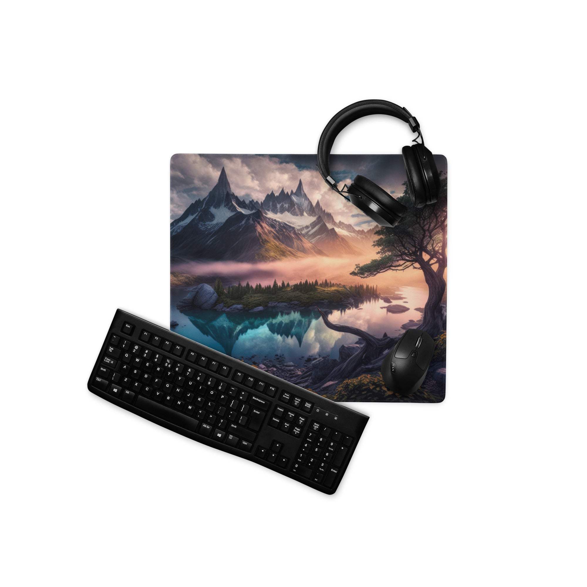 Black gaming headset on Epic Mountain Landscape mousepad with keyboard and mouse
