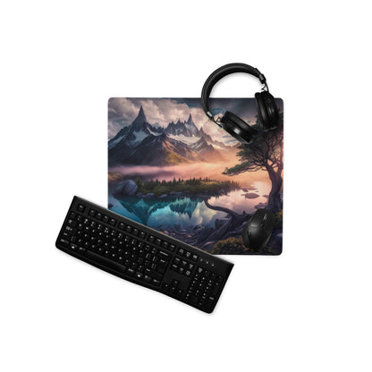 Black gaming headset on Epic Mountain Landscape mousepad with keyboard and mouse