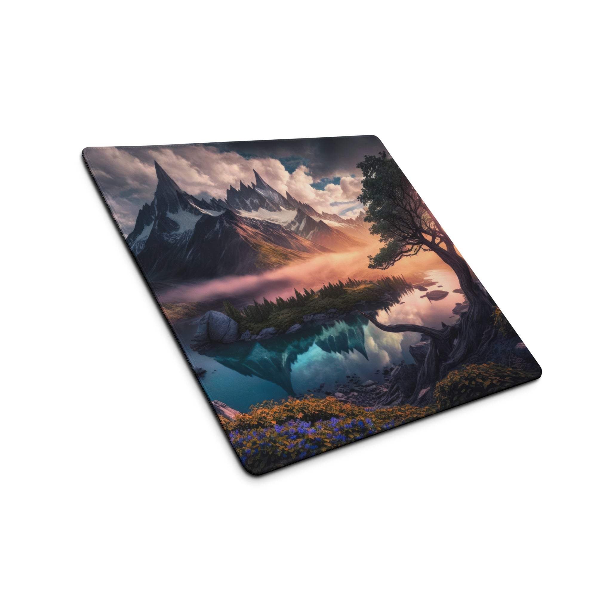 Epic mountain landscape gaming mousepad with sunset, lake, flowers, non-slip base