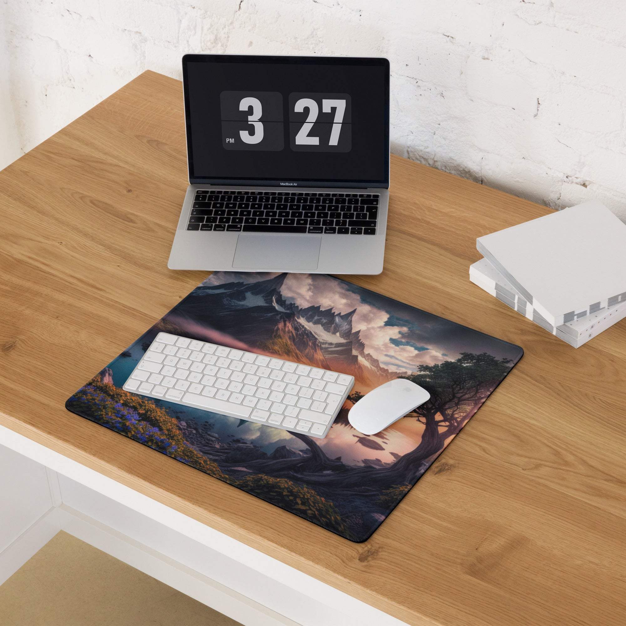 Epic Mountain Landscape gaming mouse pad with dramatic sunset, non-slip base