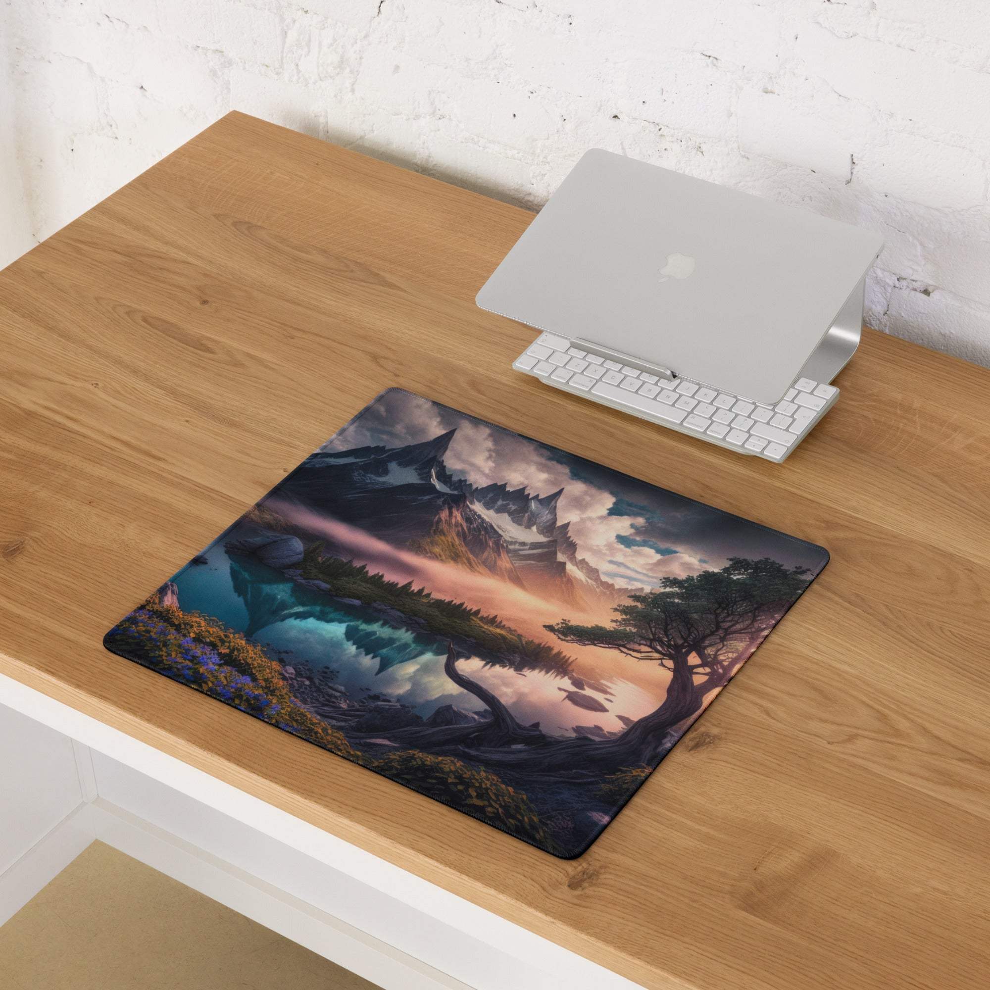Epic Mountain Landscape gaming mouse pad with dramatic sunset, non-slip base