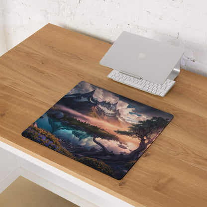 Epic Mountain Landscape gaming mouse pad with dramatic sunset, non-slip base