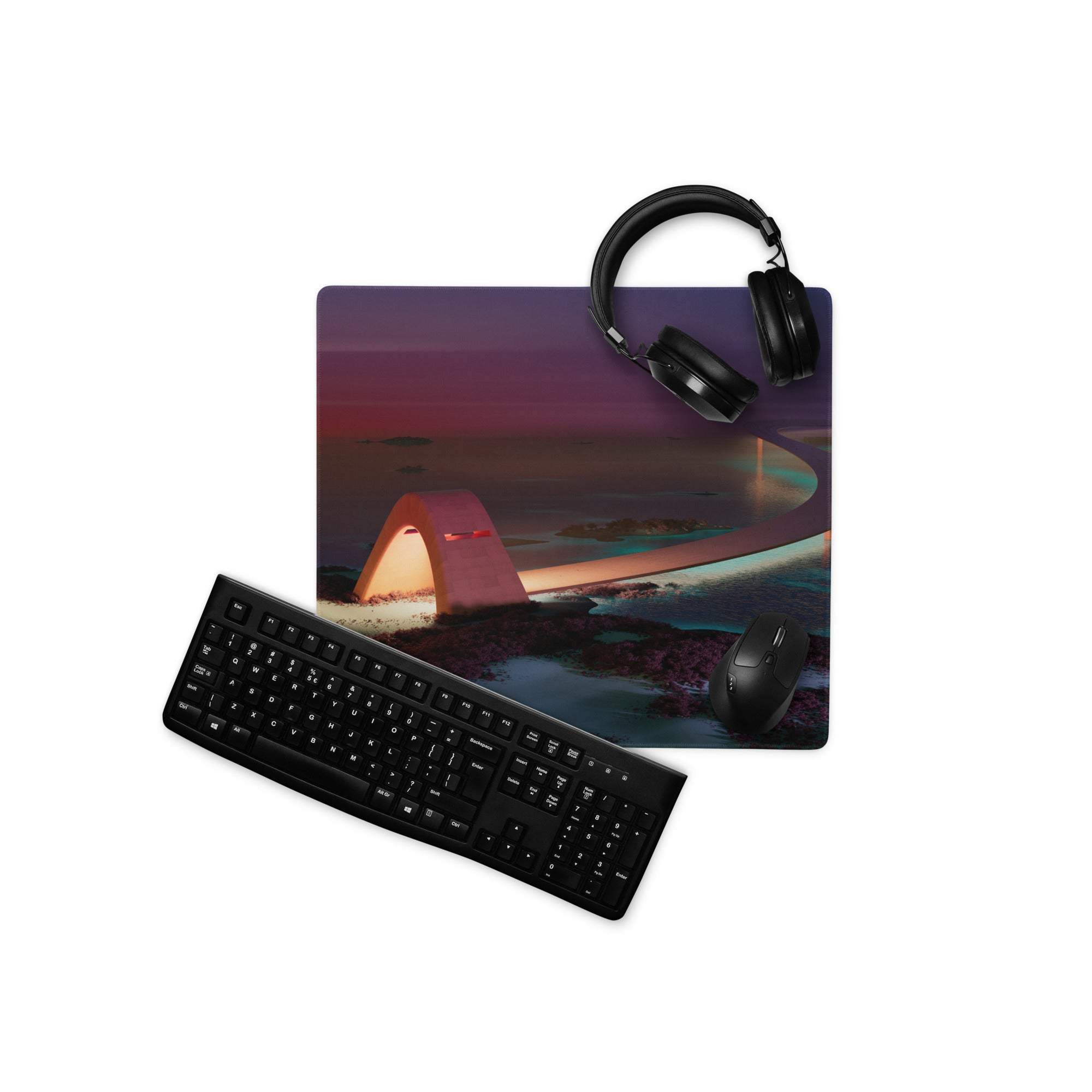 Black keyboard and mouse on Dreamy Sunset Bridge gaming mousepad