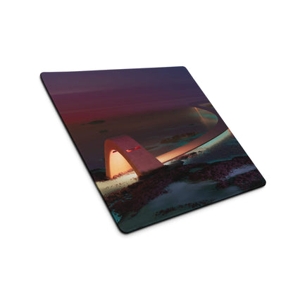 Dreamy sunset bridge gaming mouse pad with illuminated arch at dusk