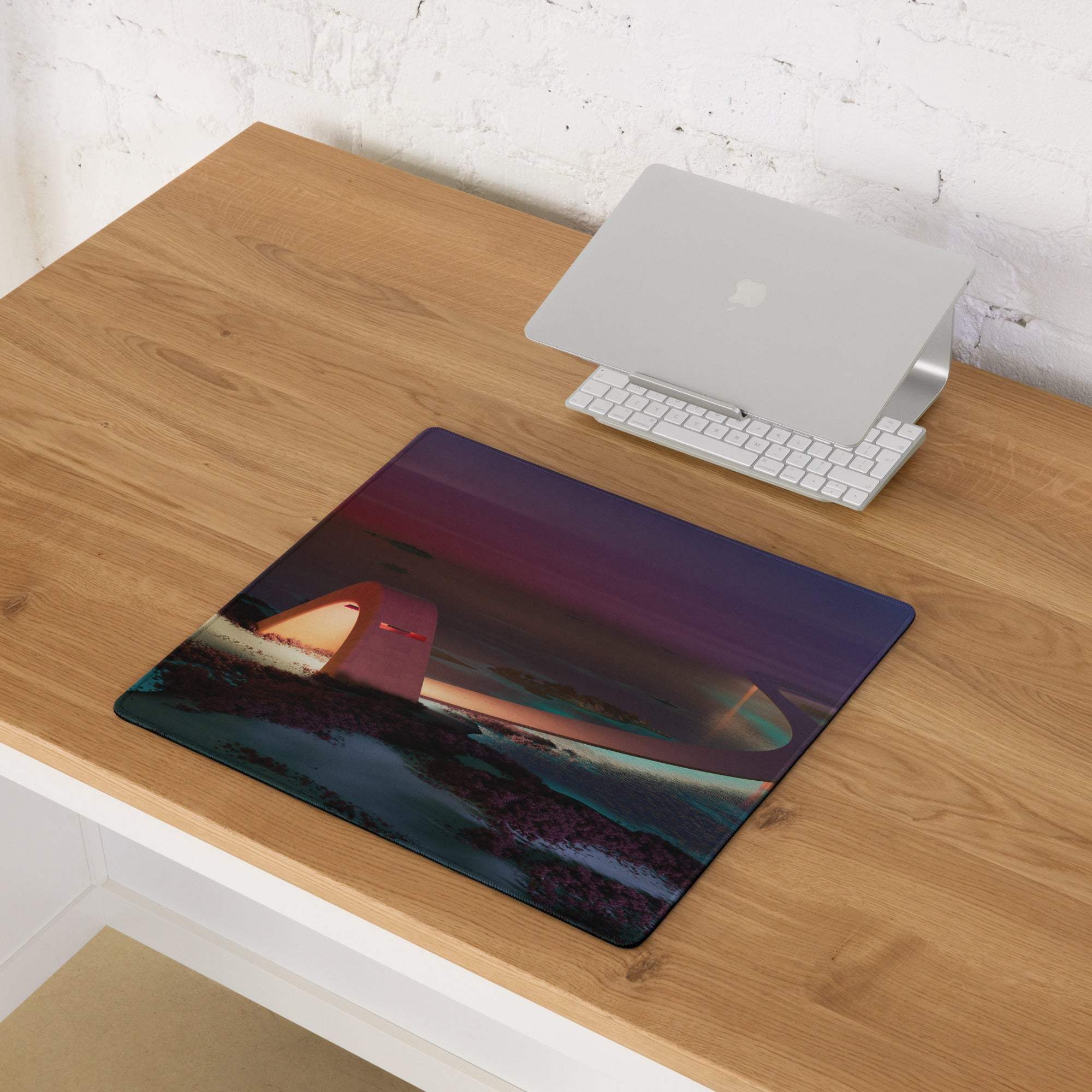 Large dreamy sunset bridge gaming mouse pad with purple blue abstract art