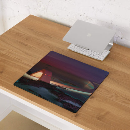 Large dreamy sunset bridge gaming mouse pad with purple blue abstract art