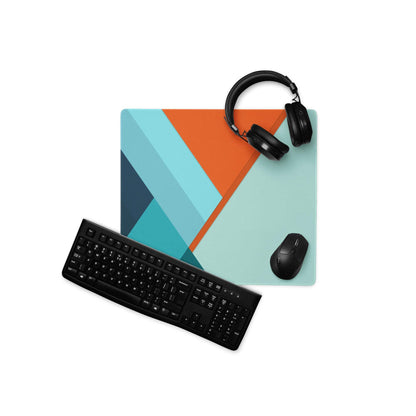Geometric abstract mouse pad in teal, orange, navy blue stripes