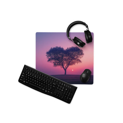 Purple pink gradient sunset tree silhouette mousepad with heart branches