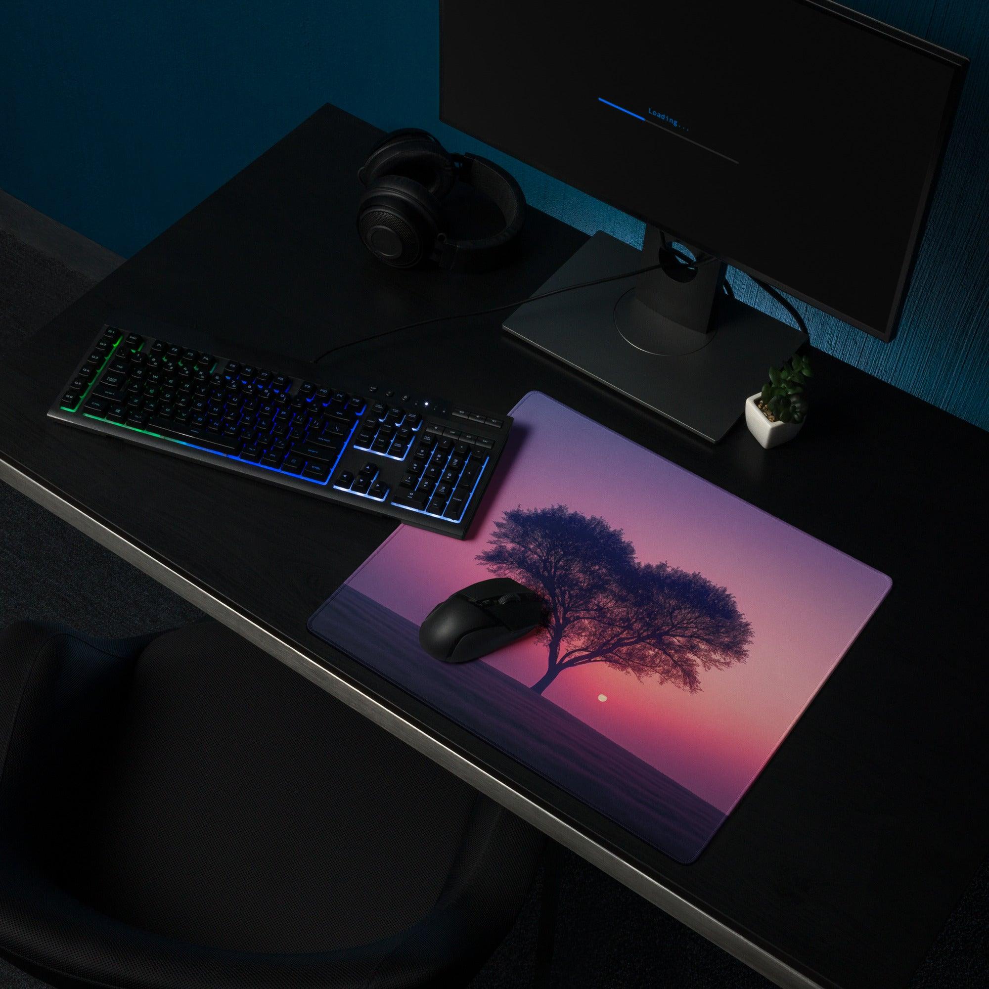 Dreamy sunset tree gaming mouse pad with large size, edge stitching, non-slip base
