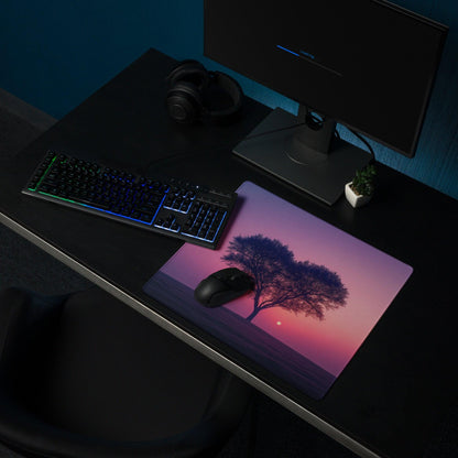 Dreamy sunset tree gaming mouse pad with large size, edge stitching, non-slip base