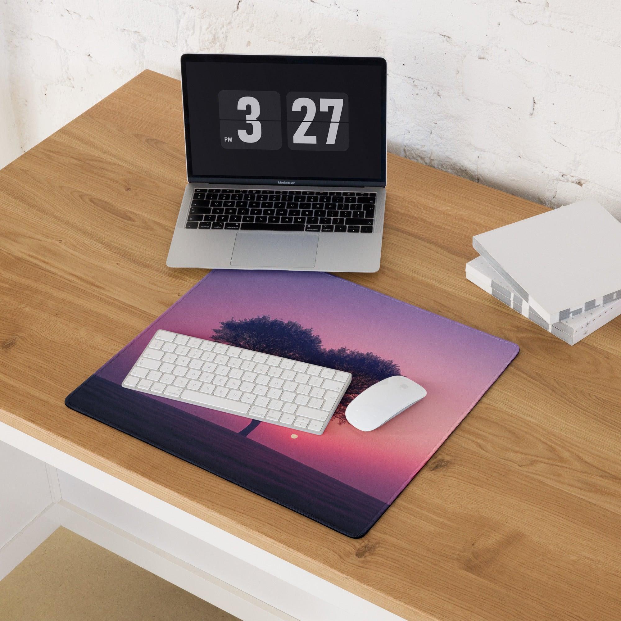 Dreamy purple pink gradient sunset tree silhouette gaming mouse pad