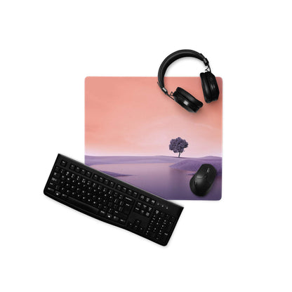 Dreamy Landscape Pastel Purple Sunset large gaming mouse pad with serene tree hills