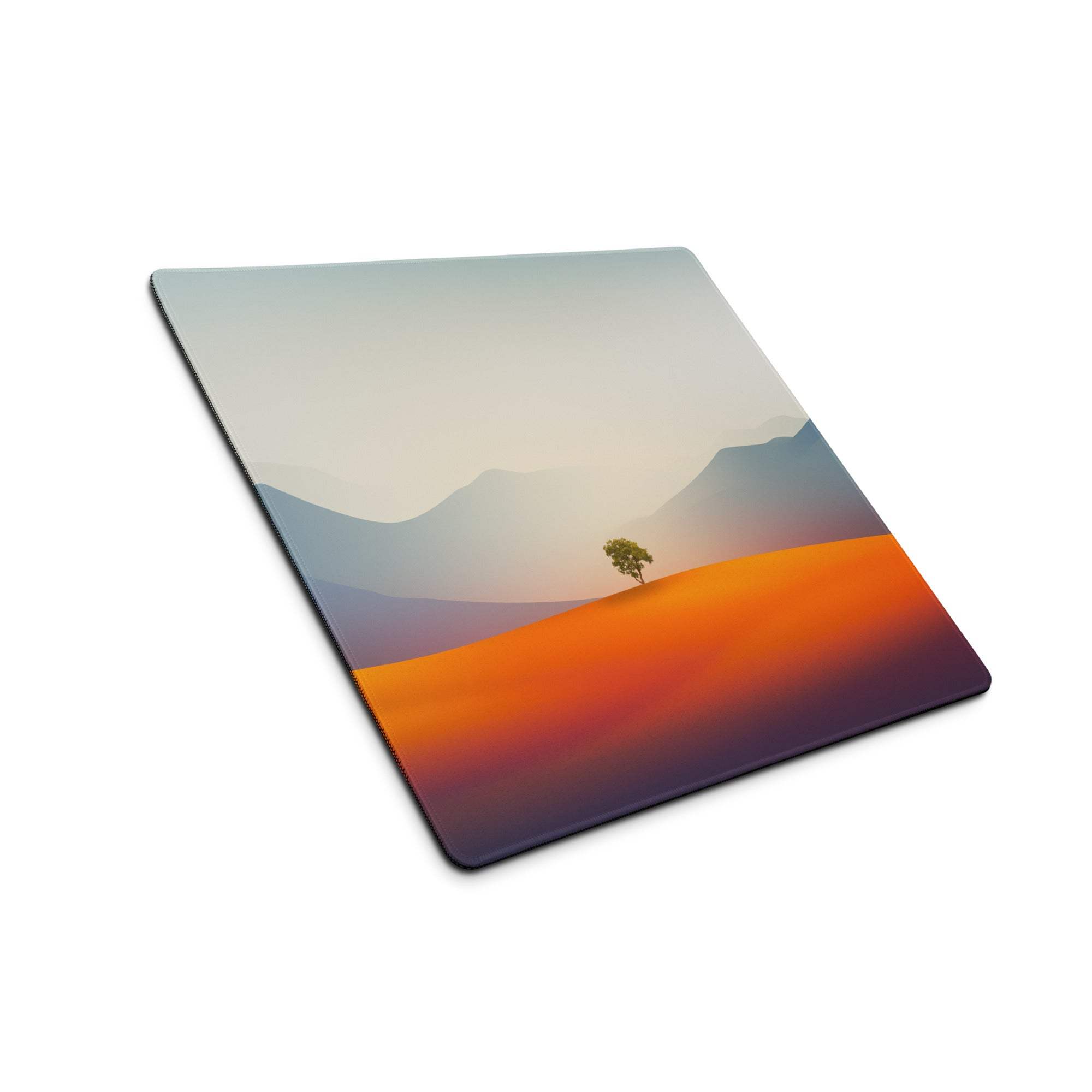 Calm landscape square gaming mouse pad with sunset mountains, non-slip base