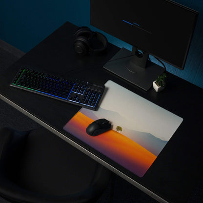 Calm desert sunset gaming mouse pad with non-slip base and stitching