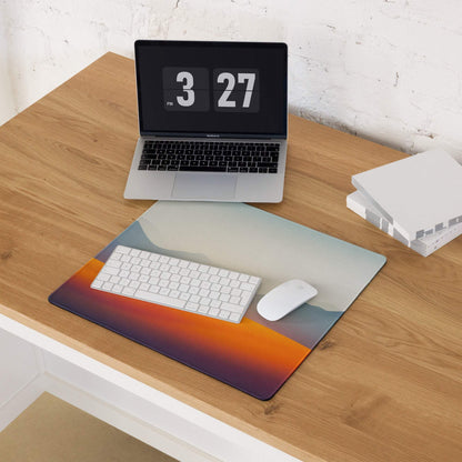 Calm landscape sunset mouse pad with gradient orange purple gray, non-slip base, edge stitching