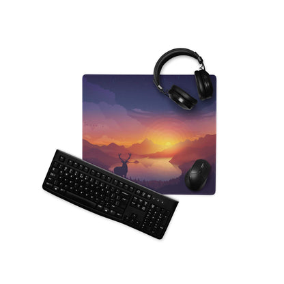 Tranquil purple mountain sunset gaming mouse pad with deer silhouette